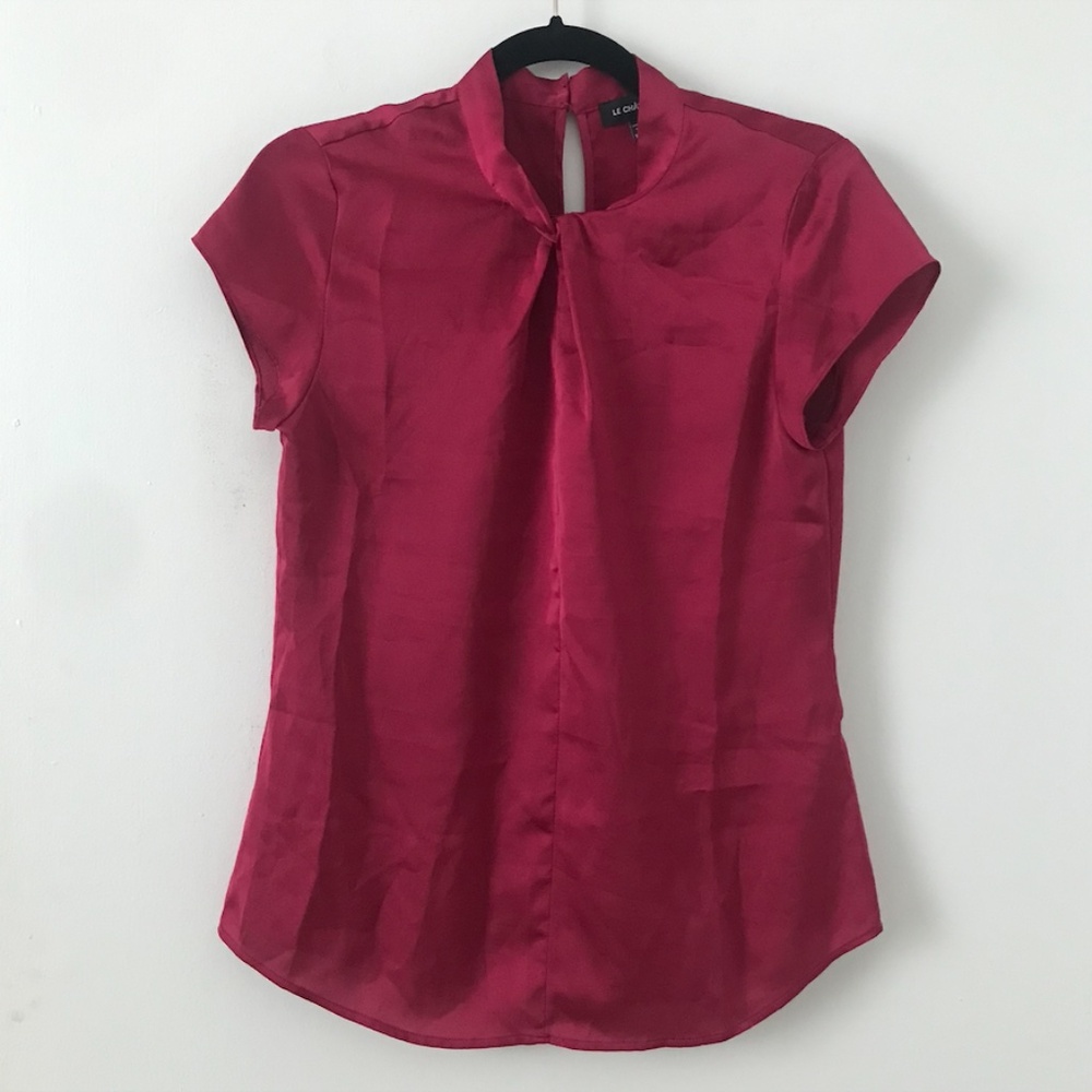 Le Chateau | Satin Effect Hot Pink Knot Collar Short Cap Sleeve Blouse | XXS